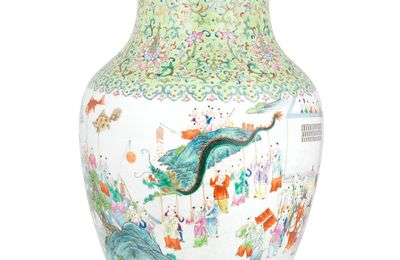 A large and rare Imperial famille rose lime-ground 'hundred boys' vase, Zun, Jiaqing Iron-red seal mark and of the period