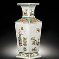 A famille verte square 'Hundred Antiques' vase. Kangxi