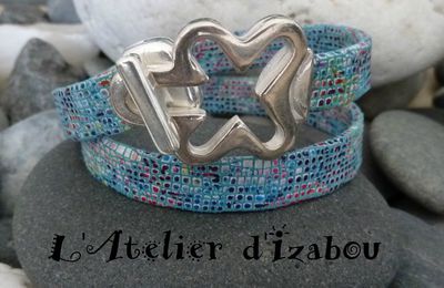 Envie de couleur et d'originalité avec ce bracelet en cuir couleur dominante bleu turquoise aspect mosaïque multicolore double t