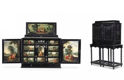 A Flemish silvered and brass-mounted ebony and ebonised cabinet-on-stand inset with painted panels
