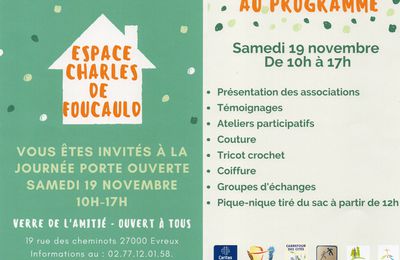 Porte Ouverte Espace Charles de Foucauld samedi 19 novembre 2022 de 10h à 17h