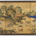 Paire de paravents à six panneaux (byobu) figurant une scène de chasse sur fond de paysage. Fin période Edo