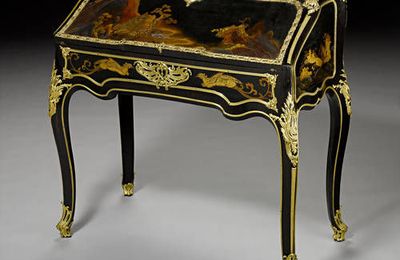 A rare French mid-19th century ebony and ebonised Japanese lacquer bureau à dos d'âne, possibly by Louis Auguste Alfred Beurdele