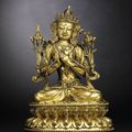 An extremely rare gilt-bronze figure of Manjusri, Yongle incised six-character presentation mark and of the period (1402-1424)