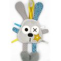 Doudou lapin attache tétine gris bleu jaune