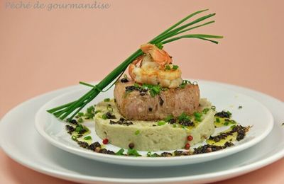 Grenadins de veau aux langoustines, purée d'artichauts truffée