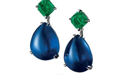 A pair of sapphire and emerald earrings, by Meister