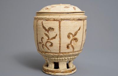 A Vietnamese jar and cover on reticulated stand, Trần dynasty, 13th-15th century