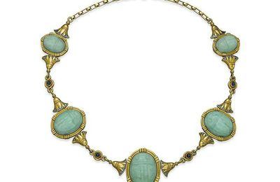 An amazonite, sapphire and enamel scarab necklace, by René Boivin