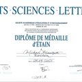 Diplôme et médaille d'étain Académie des Arts et Lettres de France 2020