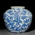 A large blue and white 'Three friends of winter' jar, Jiajing six-character mark in underglaze blue and of the period (1522-1566