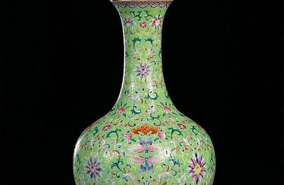 A lime-green ground famille-rose bottle vase, seal mark and period of Jiaqing (1796-1820)