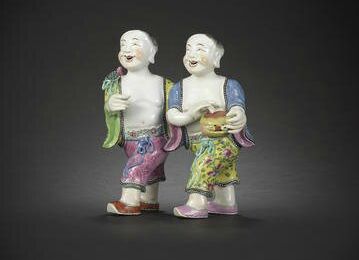 A famille rose figural group of the 'Laughing Twins', Hehe Erxian, Jiaqing