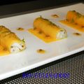 Cannellonis de mangue au crabe royal,vinaigrette acidulée au fruit de la passion
