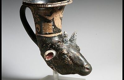 Terracotta rhyton (vase for libations or drinking). Attributed to the Patera-Ganymede Workshop. Greek, South Italian, Apulian, 