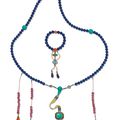 A lapis lazuli, turquoise and aquamarine court necklace, chaozhu, and a lapis lazuli and coral rosary bracelet, shou chuan, Qing