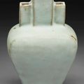 A rare small pale greenish-blue-glazed triple-necked faceted vase, Ming dynasty, 16th-17th century
