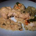 MMMHHH!!! Curry de poulet coco-courgettes-gingembre et pulao petits légumes, raisins, noix de cajou...
