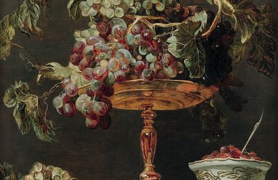 École flamande du XVIIe siècle, entourage de Frans Snyders, Coupe de raisins sur un entablement avec une coupe Wanli 