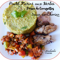 Poulet mariné aux herbes de Provence, sauce chorizo et purée de courgettes 