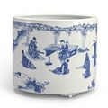 A large blue and white 'Seven sages' brushpot, Qing dynasty, Kangxi period (1662-1722)