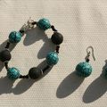 Bracelets et boucles d'oreille noir turquoise 