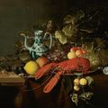 Laurens Craen, Still life with a lobster on a pewter plate, lemons, grapes, apricots, oysters and a gold-mounted blue and white 