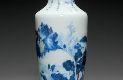 A rare documentary underglaze-blue and copper-red-decorated celadon-ground vase, Yongzheng period, dated 1731