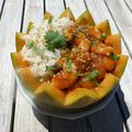 Melon aux crevettes, sauce Teriyaki au sésame et riz basmati