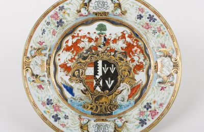 Plate with Arms of Okeover impaling Nichol, Chinese, c.1740.