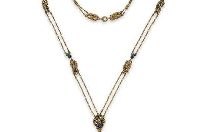 A black opal, demantoid garnet and sapphire pendant necklace, by Louis Comfort Tiffany, Tiffany & Co