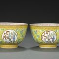 Two similar yellow ground famille rose medallion bowls, Guangxu six-character marks and of the period