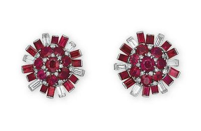A pair of ruby and diamond earrings, by Bulgari