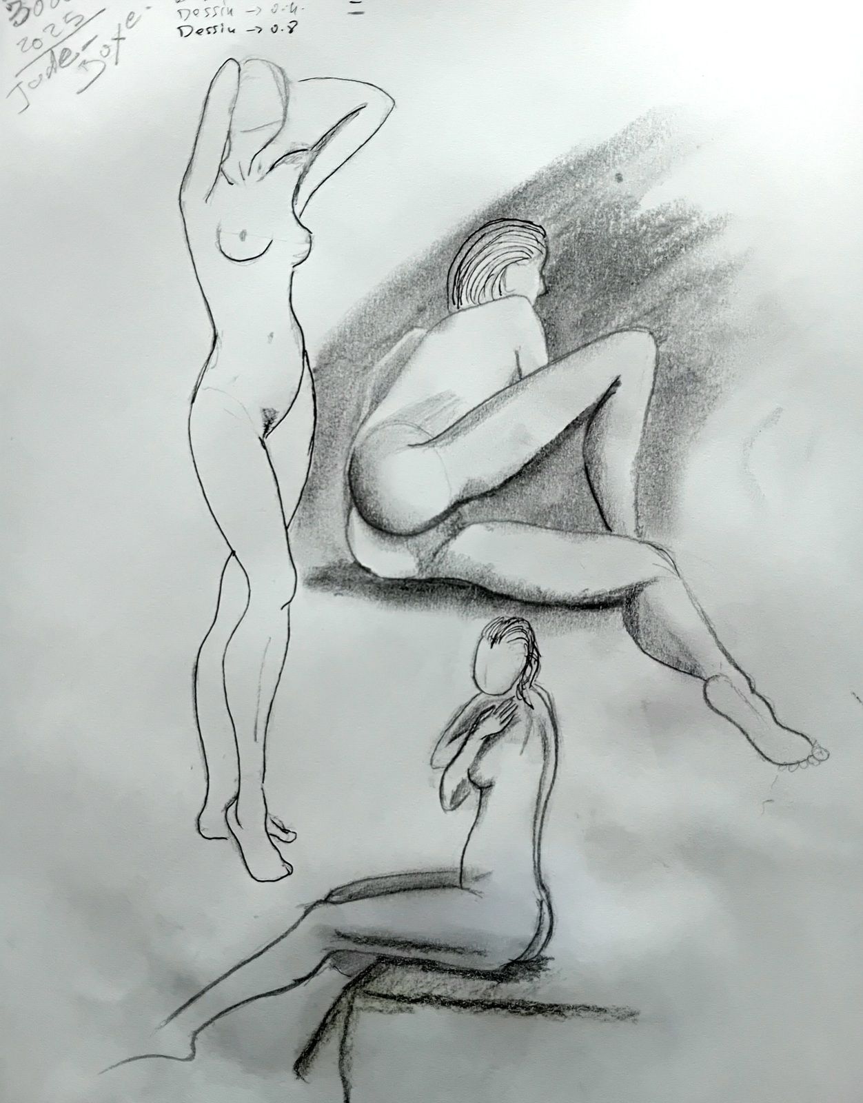 Dessin. Croquis, nu feminin. Modèle vivant. Crayon, fusain 
