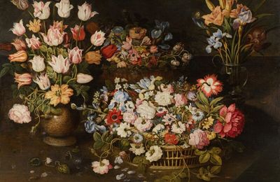 Osias Beert the Elder, Still life of tulips and an apothecary's rose in a stoneware vase, irises and lilies in a glass vase,...