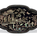 A large mother-of-pearl inlaid black lacquer quatrefoil tray, Ming dynasty, 16th century