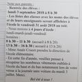 Note aux parents : infos rentrée de septembre 2018
