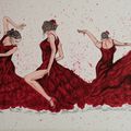Dessin sur châssis entoilé : Danseuses de flamenco sur torrent rouge pourpre ...