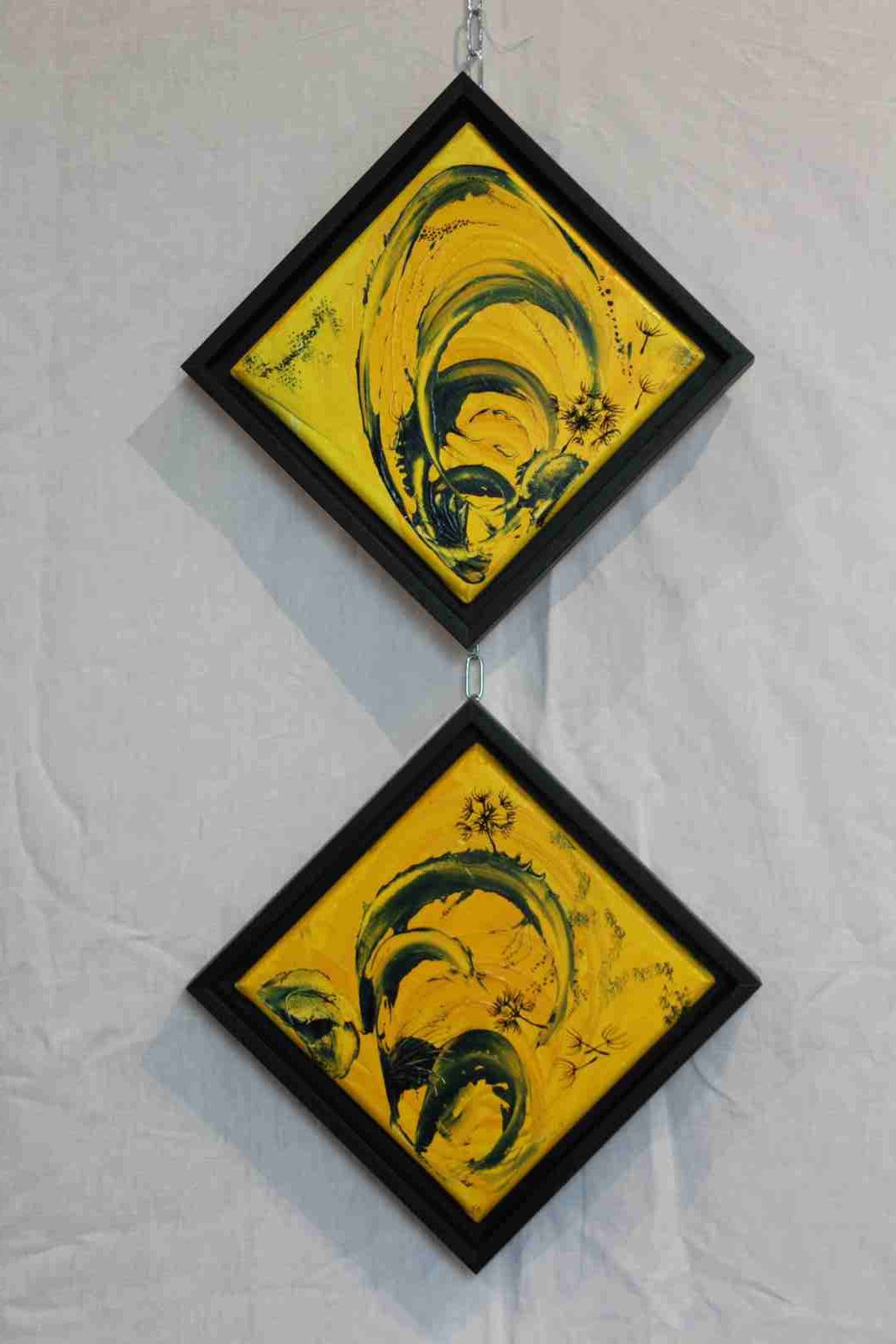 Dissémination, diptyque, acryl 2021, cadres noirs, 2X 20x20cm,  N°193A,B,
