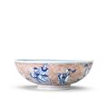 A blue and white and copper-red 'Immortals' bowl, Qianlong seal mark and of the period