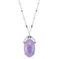 Art Deco Platinum, Lavender Jade, Jade and Diamond Pendant-Necklace.