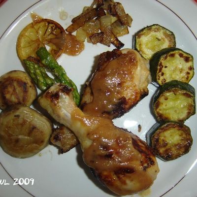 Pilons de poulet marinés et ses petits légumes, à la plancha