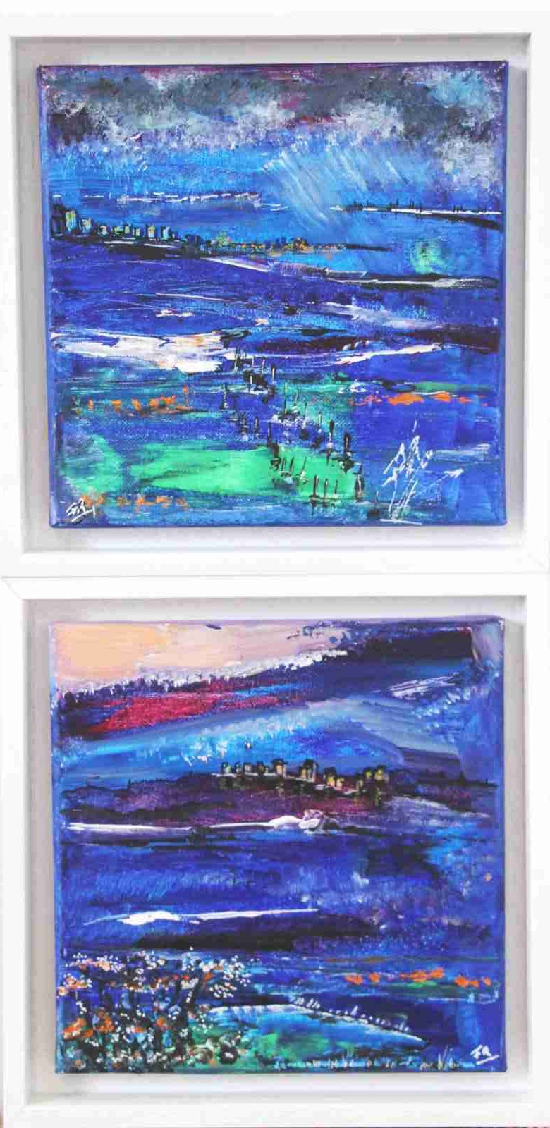Longe côte- acryl 2020 diptyque - 20 X 20 cm X 2 - cadres blancs (n°179 AetB),