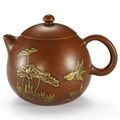 An inscribed Yixing stoneware gilt-lacquer decorated 'goldfish and lotus' teapot and cover, Qing dynasty, late 18th century