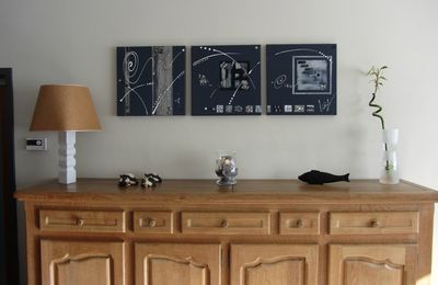 tableau contemporain triptyque " Belle de nuit" gris argent noir taupe