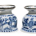 A pair of blue and white silver-mounted candlesticks, circa 1640