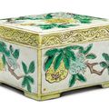 A famille-verte biscuit square box and cover, Qing dynasty, Kangxi period (1662-1722)