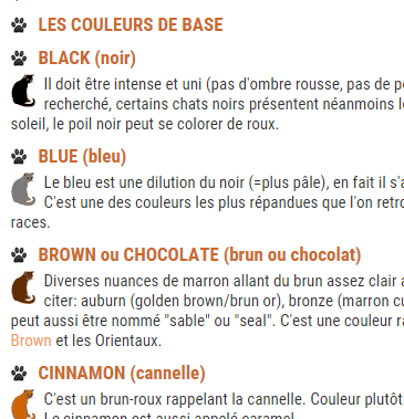 Un tableau des couleurs et marquages des robes félines