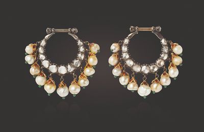 A pair of antique diamond, pearl, glass and enamel earrings, early 20th century