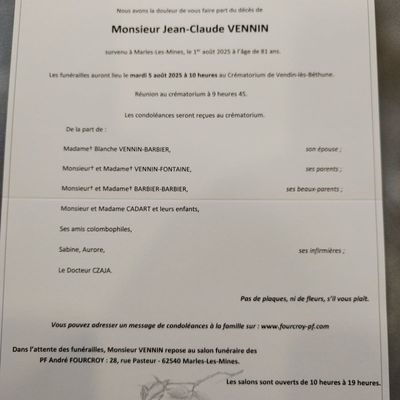 ARTOIS LYS en deuil : Décès de M. Jean-Claude VENNIN